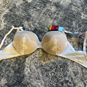 Maidenform White and Tan Push-Up Bra with Lace Overlay